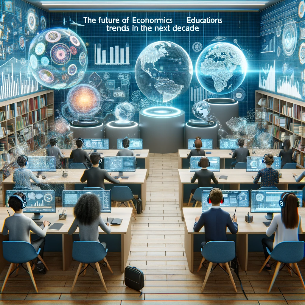 A futuristic classroom equipped with advanced technology like holographic displays of economic data and VR setups for immersive learning. Diverse students are engaging with these technologies, with some using VR headsets and others interacting with holograms, symbolizing a forward-thinking approach to economics education.