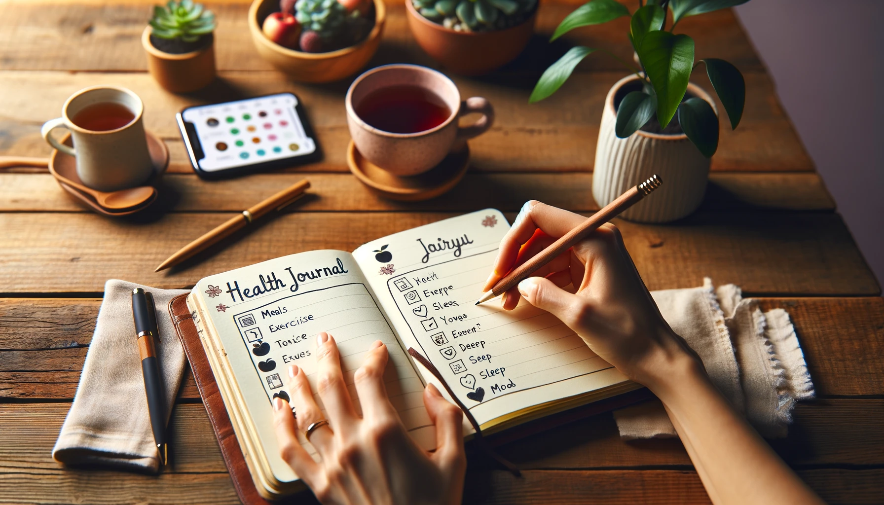 Hands writing in a health journal diary on a wooden desk with entries about meals, exercise, sleep, and mood. Nearby are a cup of tea, a potted plant, and a smartphone showing a fitness app.