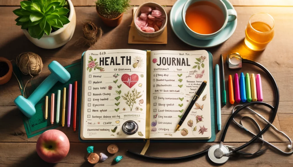 An open health journal diary on a desk with entries about daily activities, diet, exercise, sleep quality, and emotional well-being. Surrounding items include colorful pens, a stethoscope, a cup of herbal tea, and a small plant.