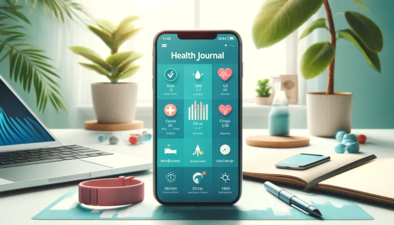 Smartphone displaying a health journal app with various tracking features, set on a desk with a plant and fitness tracker.