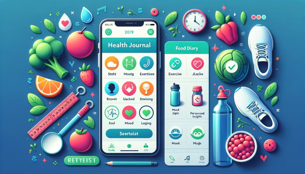 User-friendly interface of a health journal app on a smartphone screen with features like food diary, exercise tracker, mood logging, and personalized insights, surrounded by healthy lifestyle elements.
