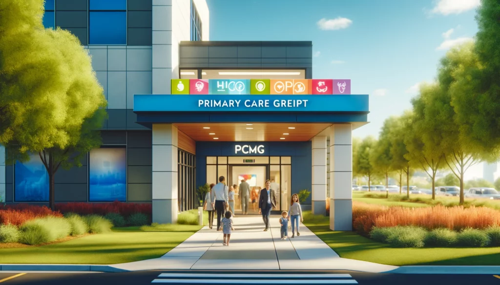 A welcoming entrance of a Children's Primary Care Medical Group location with families entering.