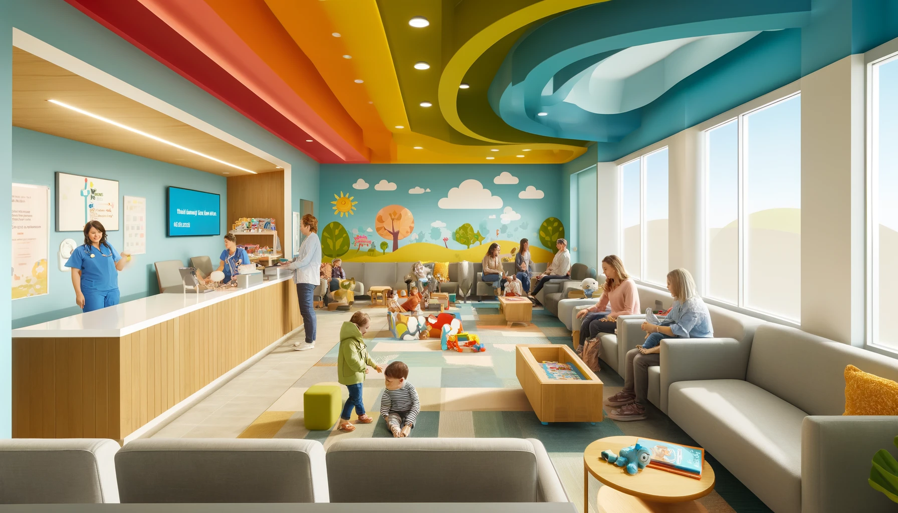 A cheerful waiting area inside a Children's Primary Care Medical Group location with families and a play area.