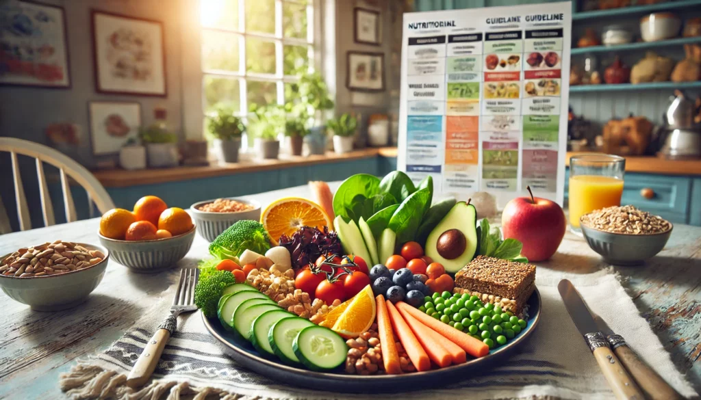 A balanced plate of food with fruits, vegetables, whole grains, and lean proteins, arranged in a kitchen with natural light and nutritional guidelines in the background, illustrating the importance of dietary guidelines for optimal health.