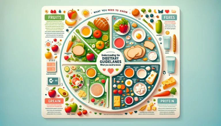 Infographic titled 'Understanding the Dietary Guidelines: What You Need to Know,' featuring a plate divided into sections for fruits, vegetables, grains, protein, and dairy, with corresponding icons and images of food items like apples, carrots, bread, chicken, and cheese. The design is modern and easy to read with colorful accents for each food group.