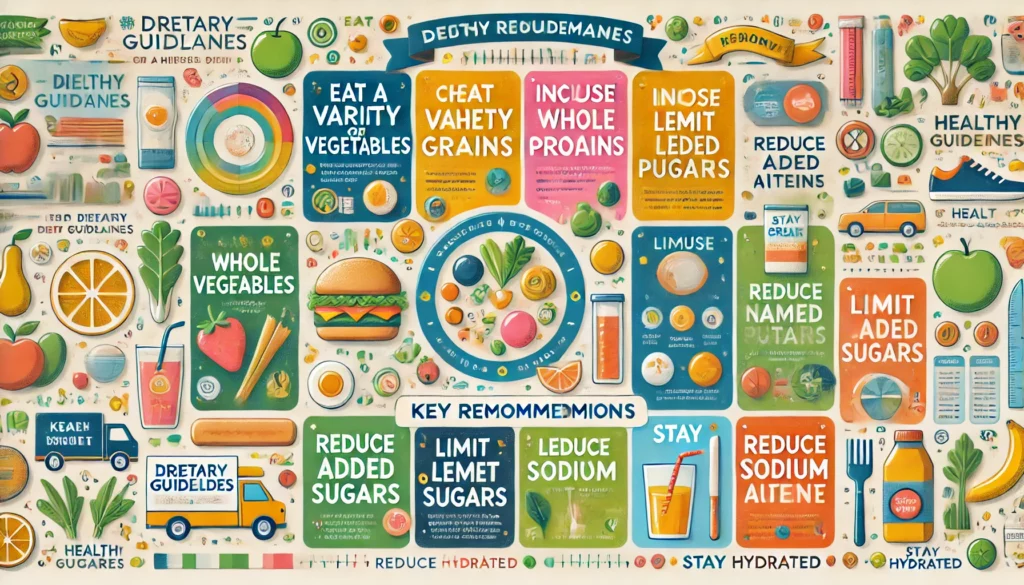 An infographic titled "Key Recommendations of the Dietary Guidelines for a Healthy Diet," featuring colorful sections with icons and short descriptions. Recommendations include eating a variety of vegetables, choosing whole grains, including lean proteins, limiting added sugars, reducing sodium intake, and staying hydrated. The design is modern and easy to read, with a clean, light background and vibrant colors for each section.