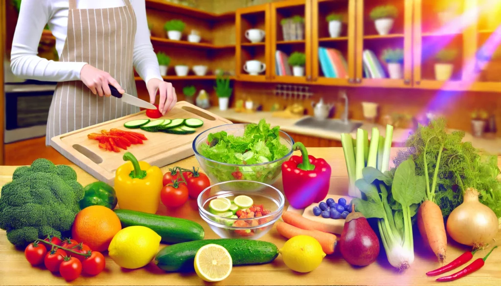 A colorful, inviting kitchen scene showing a variety of healthy foods being prepared. Fresh vegetables, fruits, whole grains, and lean proteins are laid out on a wooden countertop. A person is chopping vegetables with a smile. The background includes a shelf with cookbooks, a bowl of fresh fruit, and a glass of water with lemon slices. The overall ambiance is warm and encouraging, promoting the incorporation of dietary guidelines into everyday eating habits.