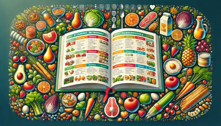 "An open book titled 'Dietary Guidelines: A Comprehensive Guide to Nutrient Intake' with various colorful food items such as fruits, vegetables, grains, dairy products, and meats surrounding it. The book pages display sections on vitamins, minerals, proteins, carbohydrates, and fats. The background includes nutrition-related icons like scales, hearts, and apples."